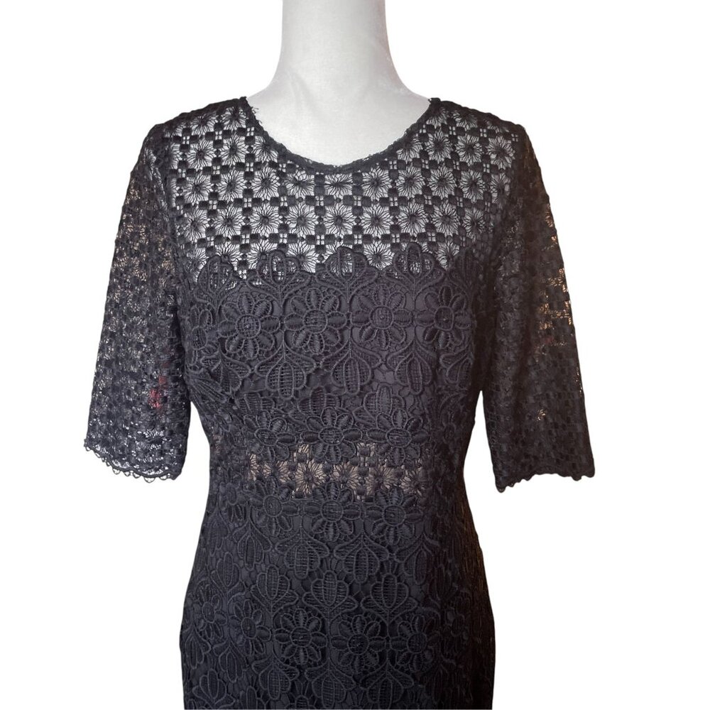Anthropologie ML Monique Lhuillier Black Floral Lace Sheath Dress Sz 10 - Picture 3 of 16